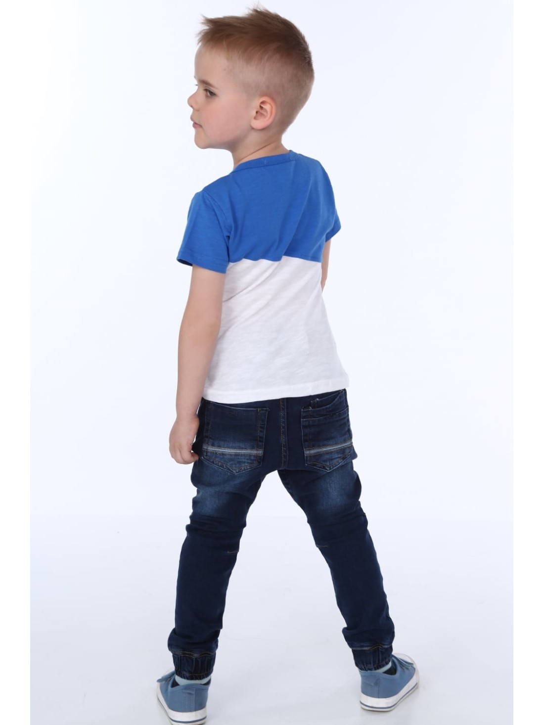 Jungen-T-Shirt mit Knopf, Kornblumenblau und Weiß NDZ4487 – Online-Shop – Boutique